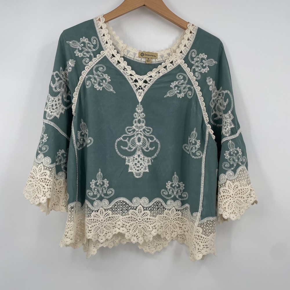 Democracy Womens Boho Teal Green Embroidered Crochet Lace Blouse Top Size M